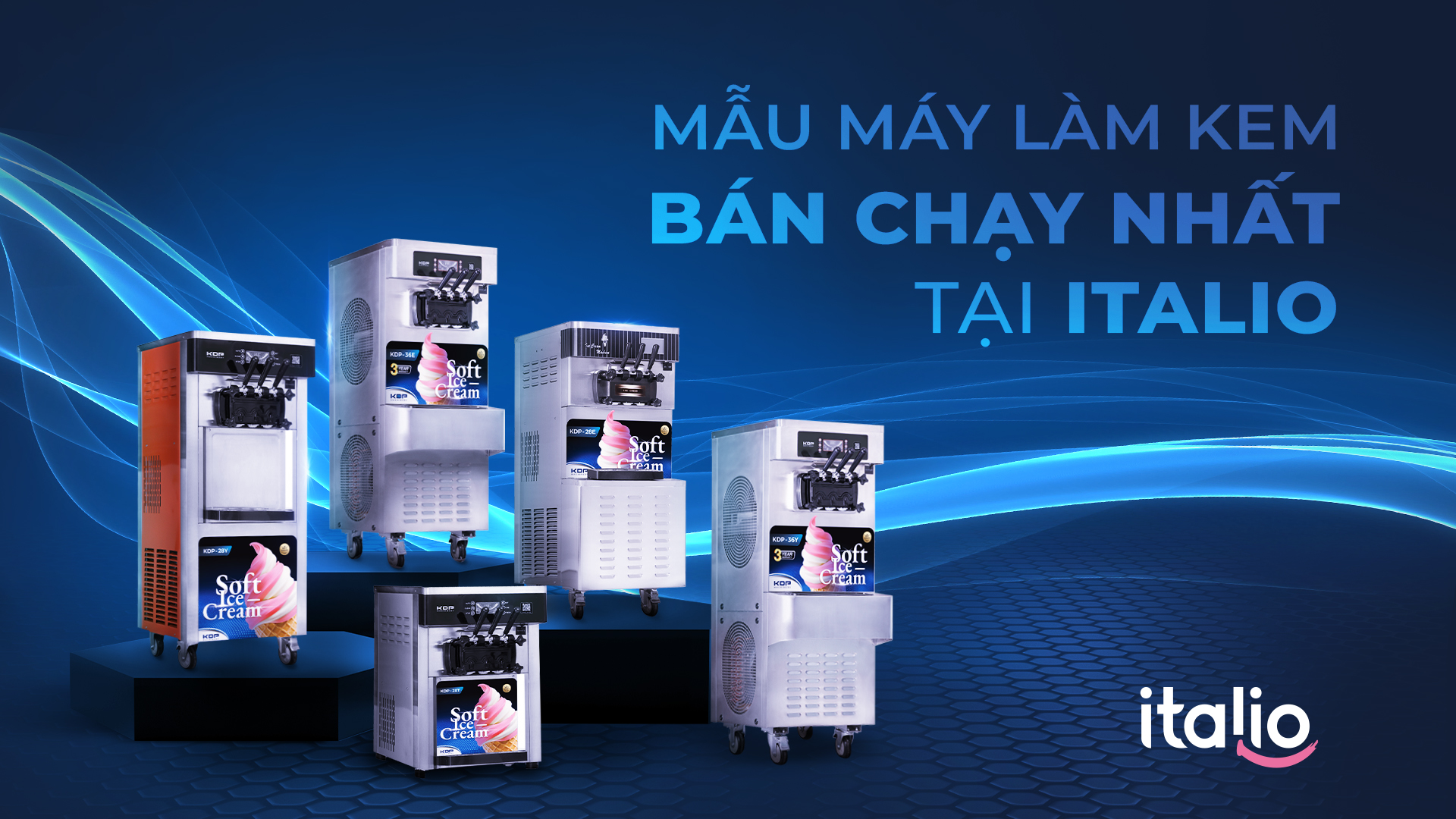 Danh mục KDP Machinery có cả máy làm kem cứng và máy làm kem tươi soft-serve, với nhiều mức giá và cấu hình.